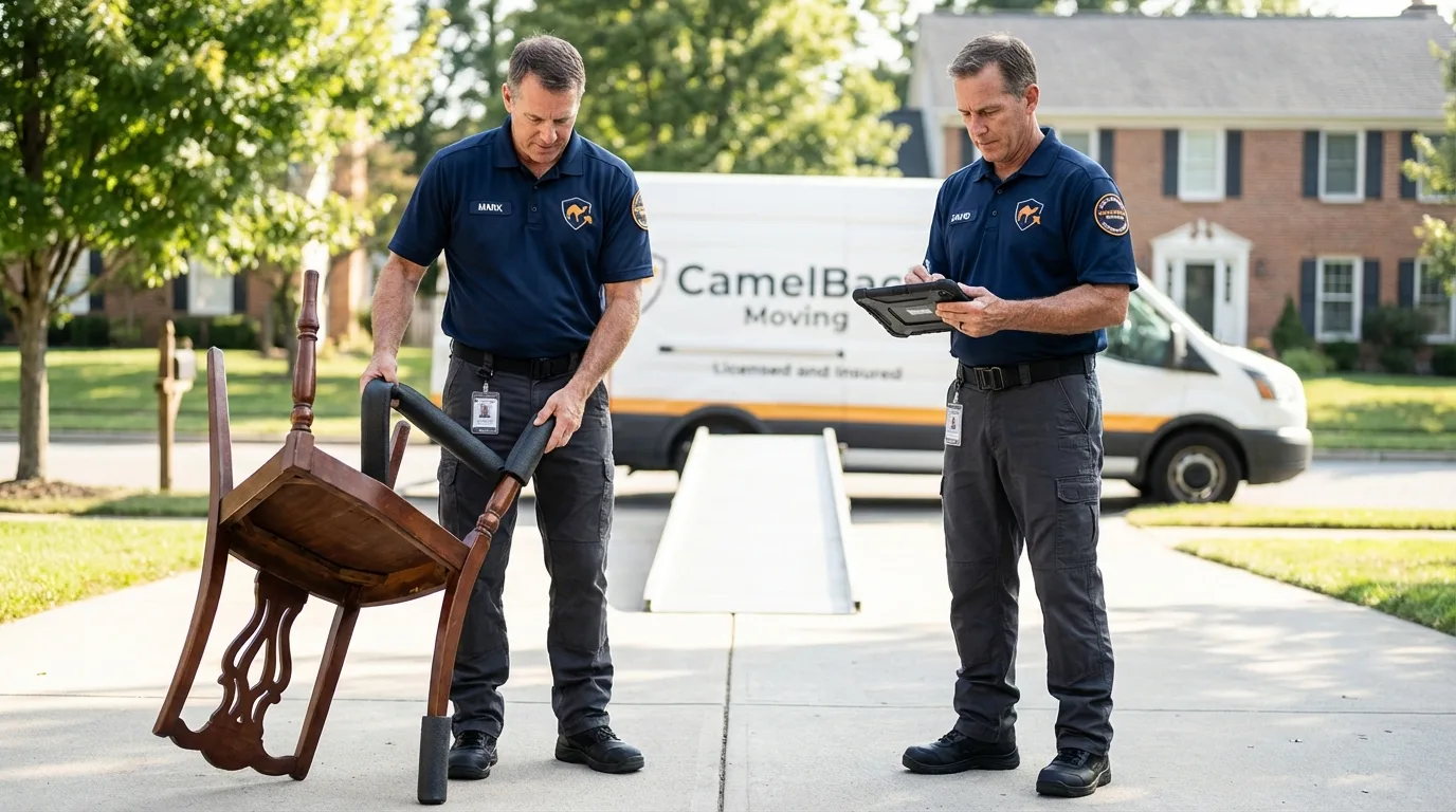 Movers inspecting furniture for damage prevention before loading in Tallahassee, FL
