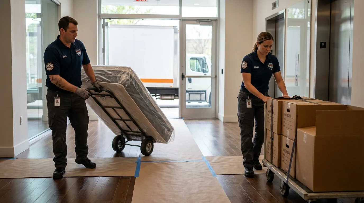 Professional apartment movers loading elevator in Tallahassee, FL