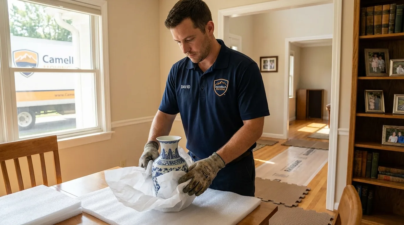 Professional crew carefully wrapping antique vase for senior downsizing move in Tallahassee, FL